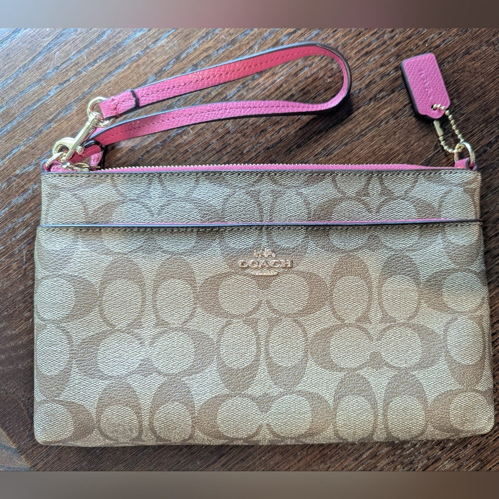 Coach Signature Wristlet in Brown and Pink